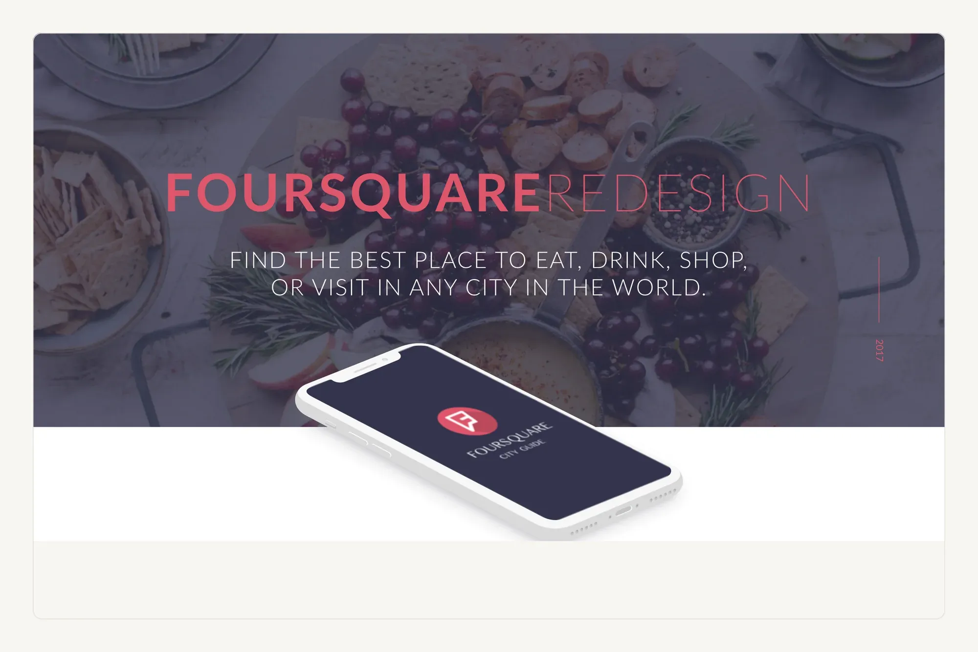 The Foursquare Redesign title screen with the app shown on a phone.