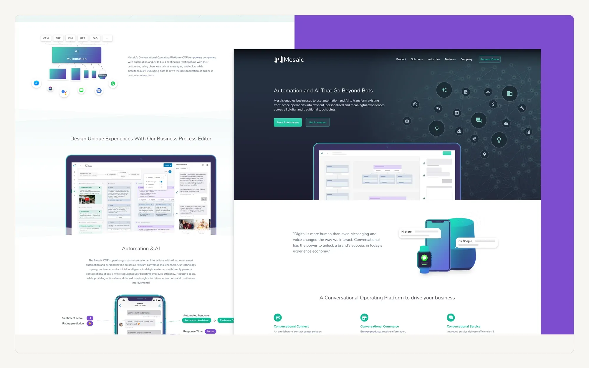 Home and product page layouts for the Mesaic website.